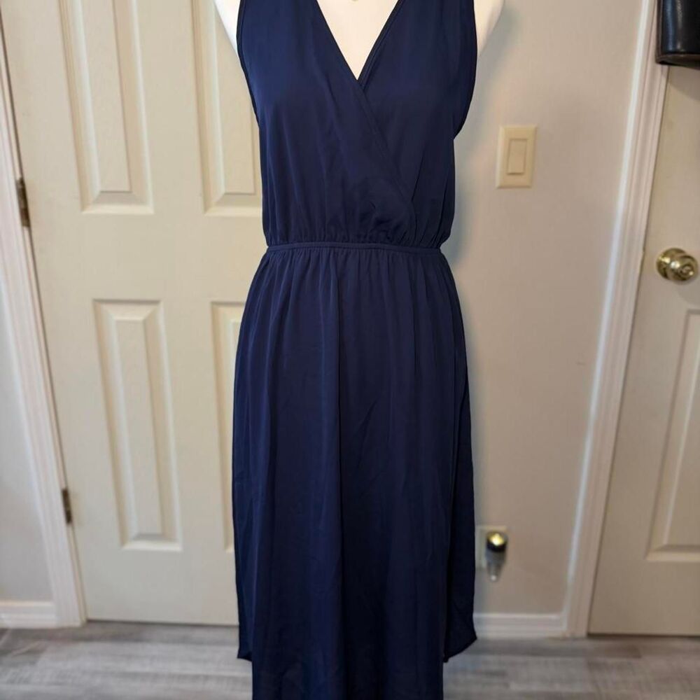 Navy Wedding Guest Dress Medium High Low Maxi Sleeveless Chiffon Wrap V Neck